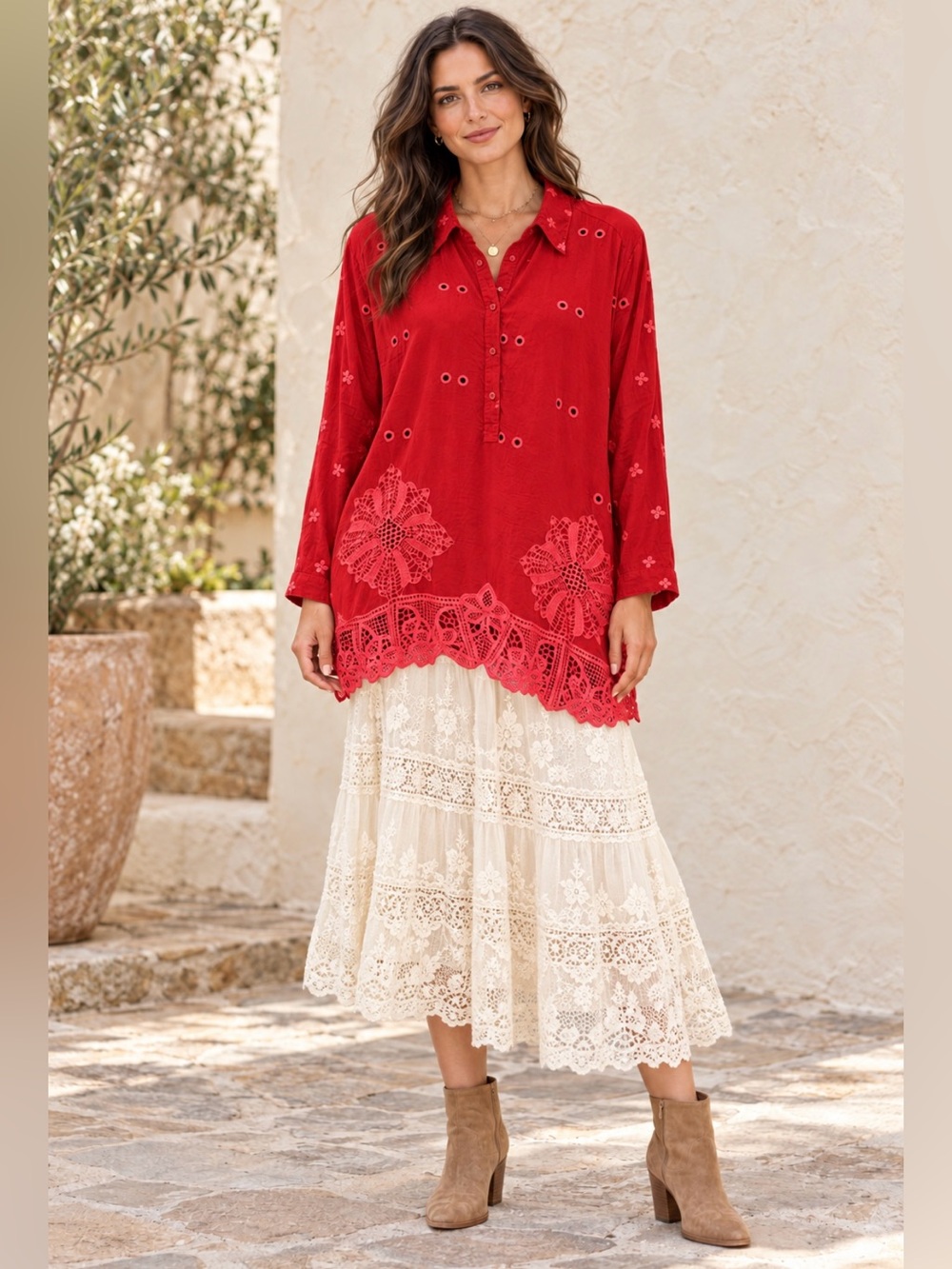 Johnny Was Red Floral Embroidered Eyelet Lace Hem Boho Tunic Blouse 🌹 Large - Picture 2 of 3